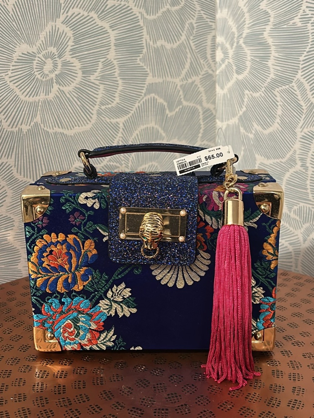 Floral Embroidered Navy Box Bag with Pink Tassel